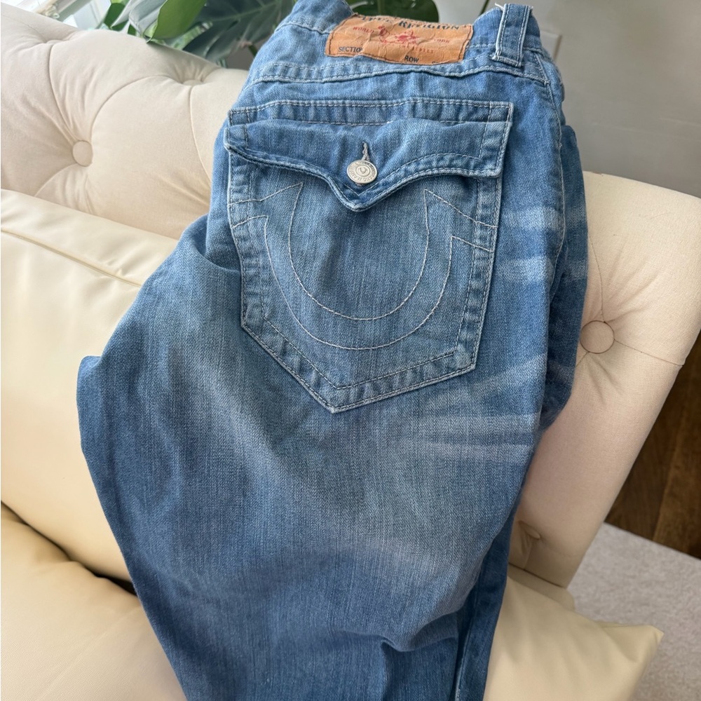 True Religion Brown Leather Patch Blue Denim Jeans